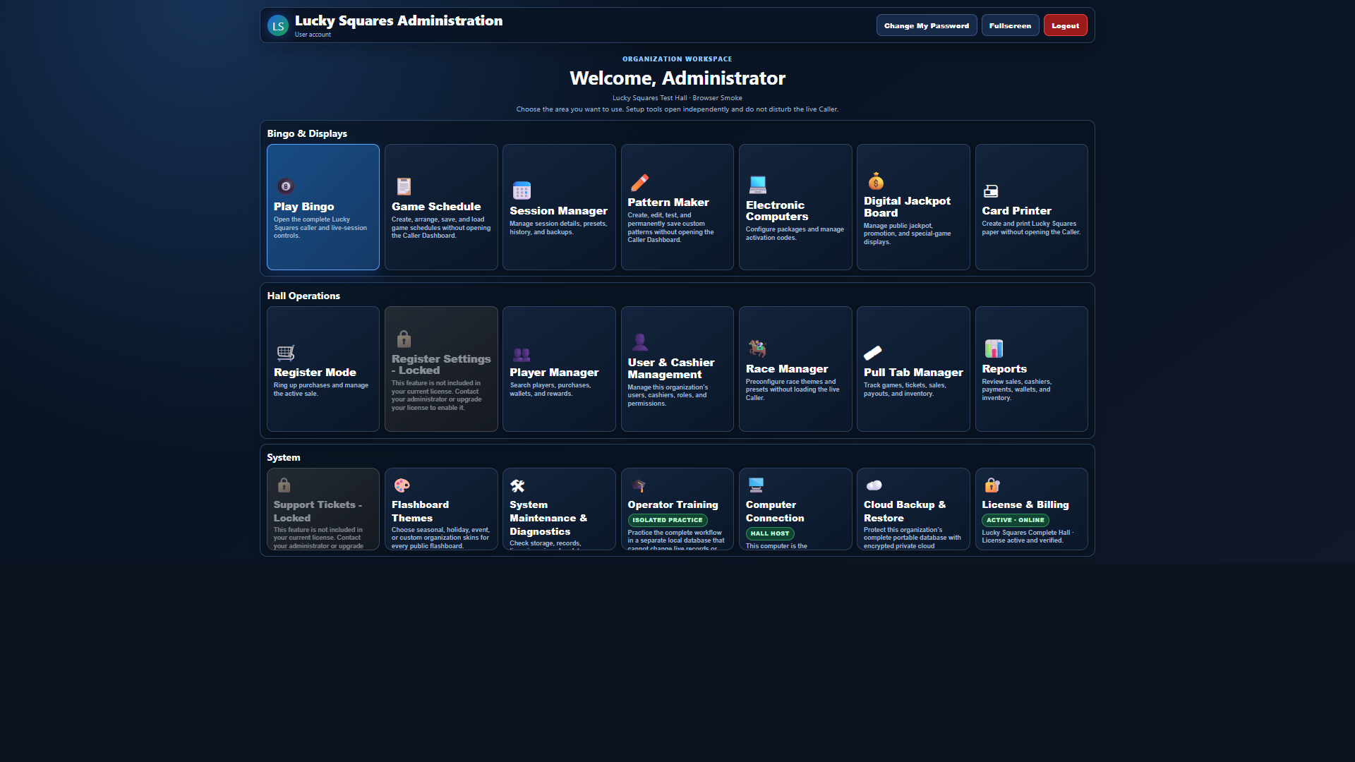 Current Lucky Squares Administration dashboard shown after sign-in