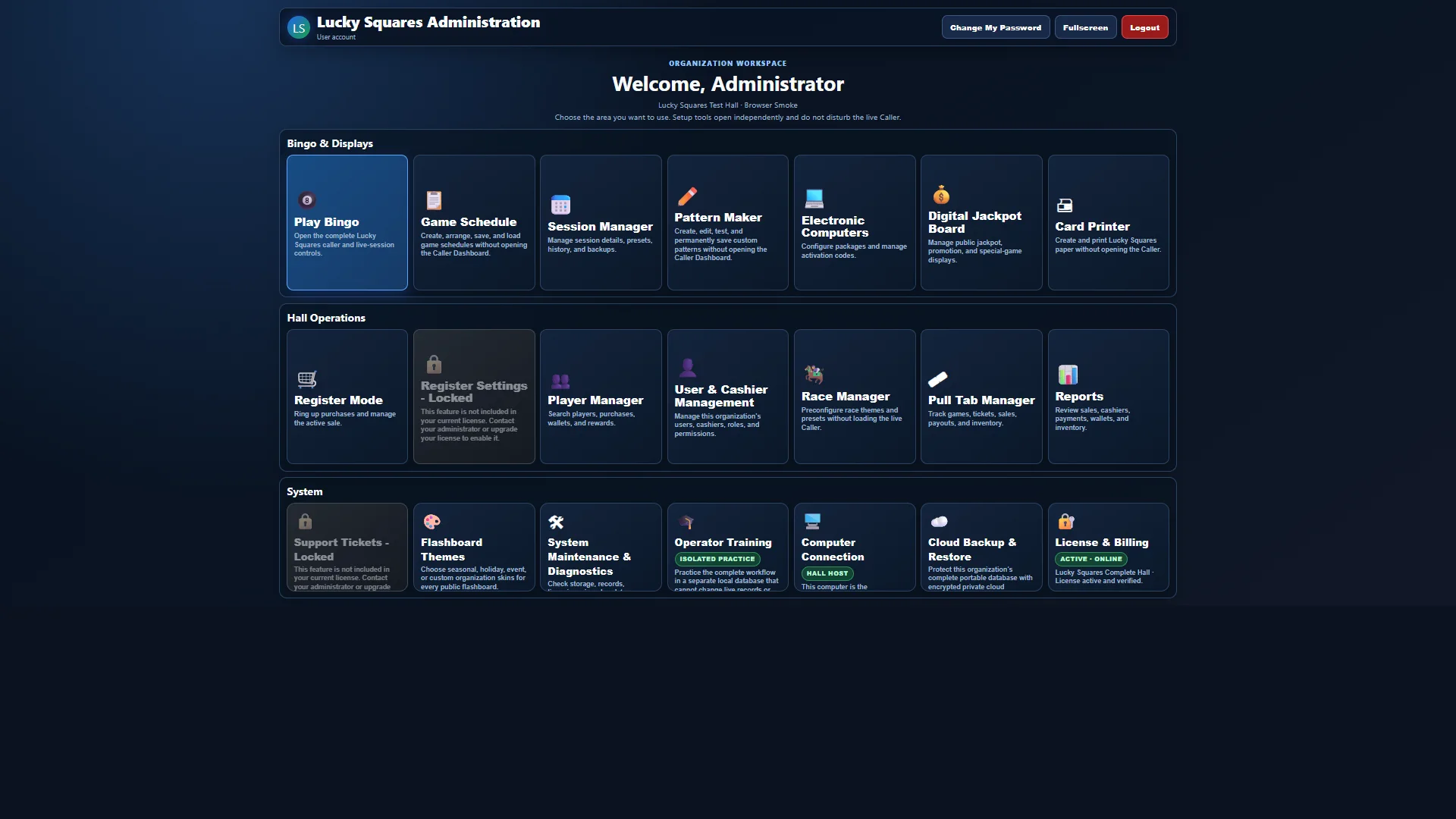 Current Lucky Squares Administration dashboard shown after sign-in