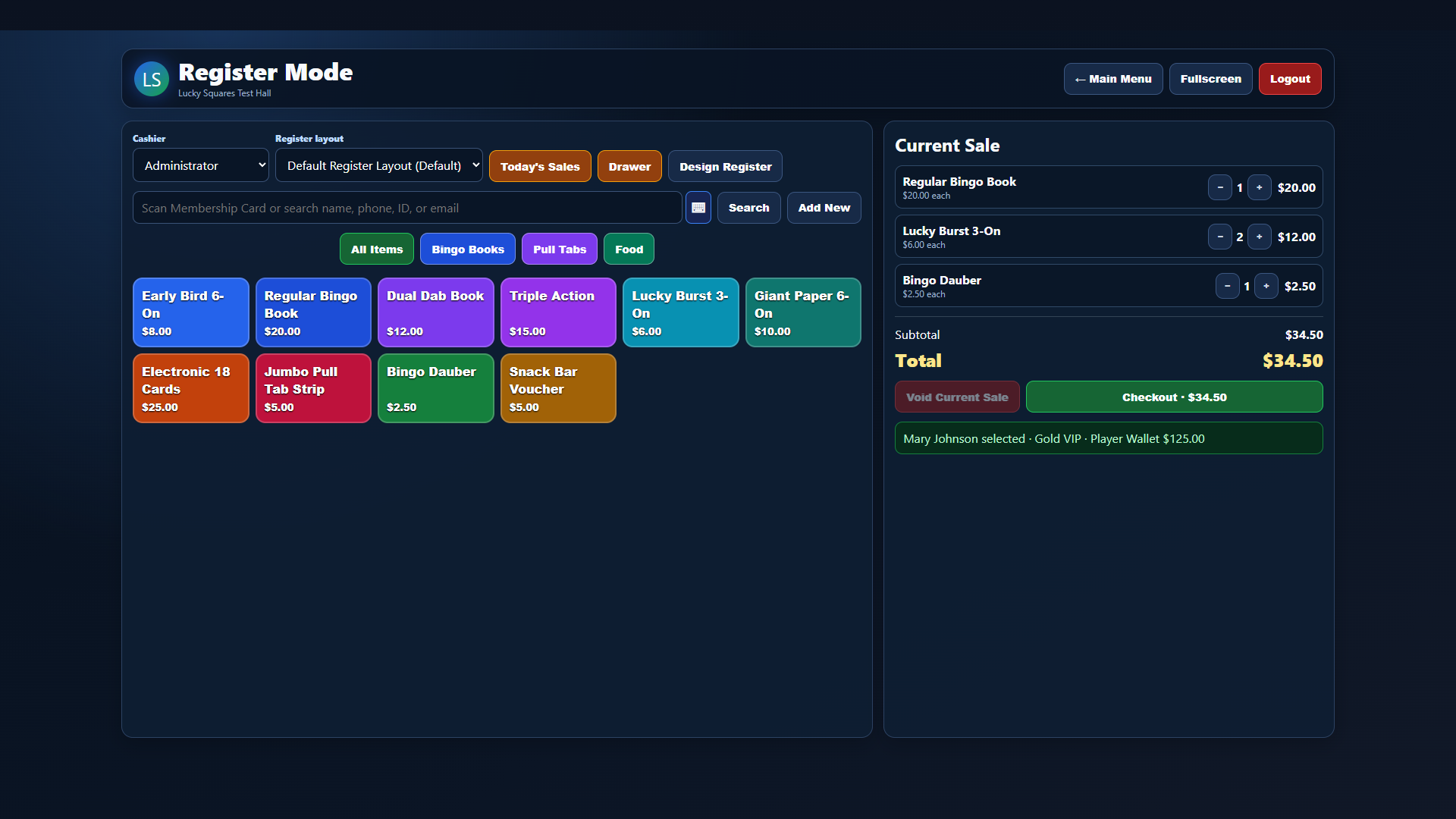 Current full-screen Lucky Squares Advanced Register Features software view
