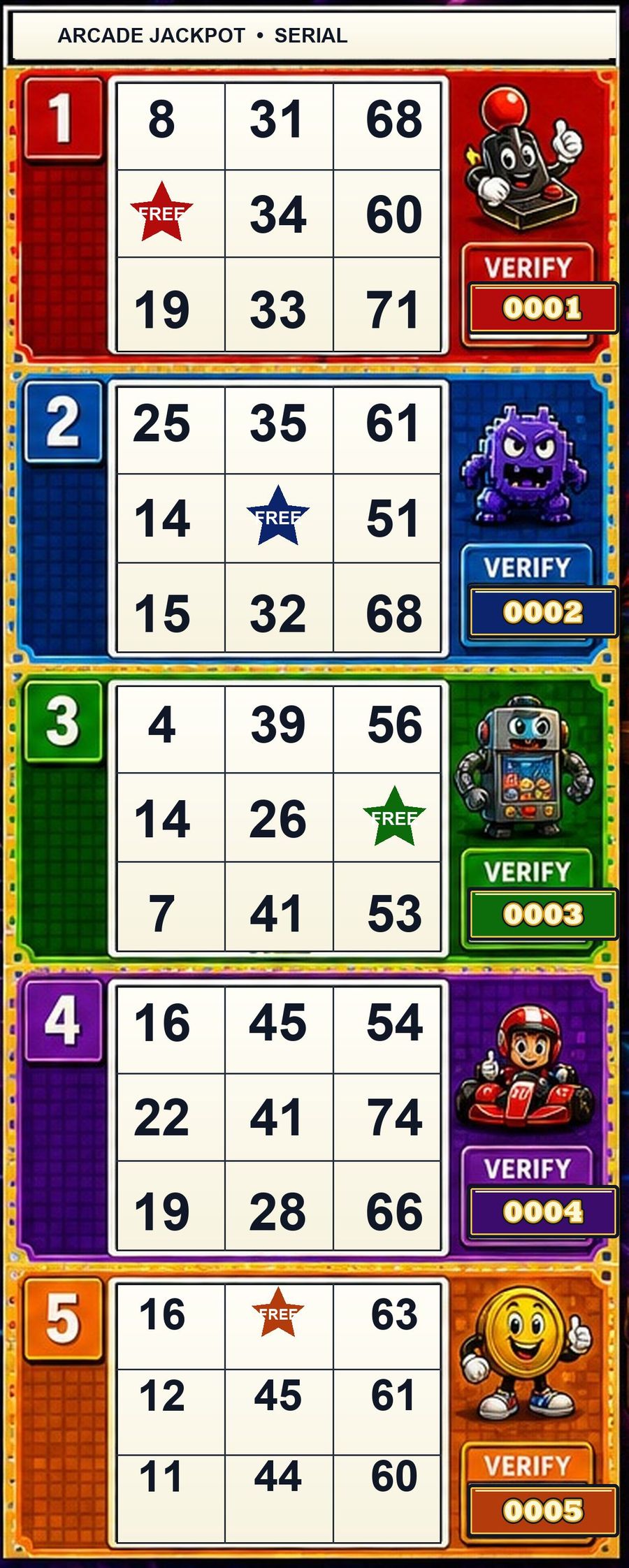 Completed Arcade Jackpot Jumbo strip back with numbers and verify boxes