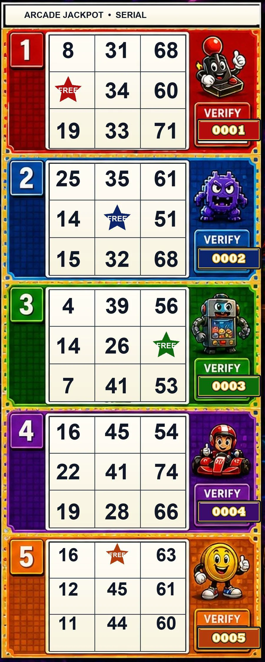 Completed Arcade Jackpot Jumbo strip back with numbers and verify boxes