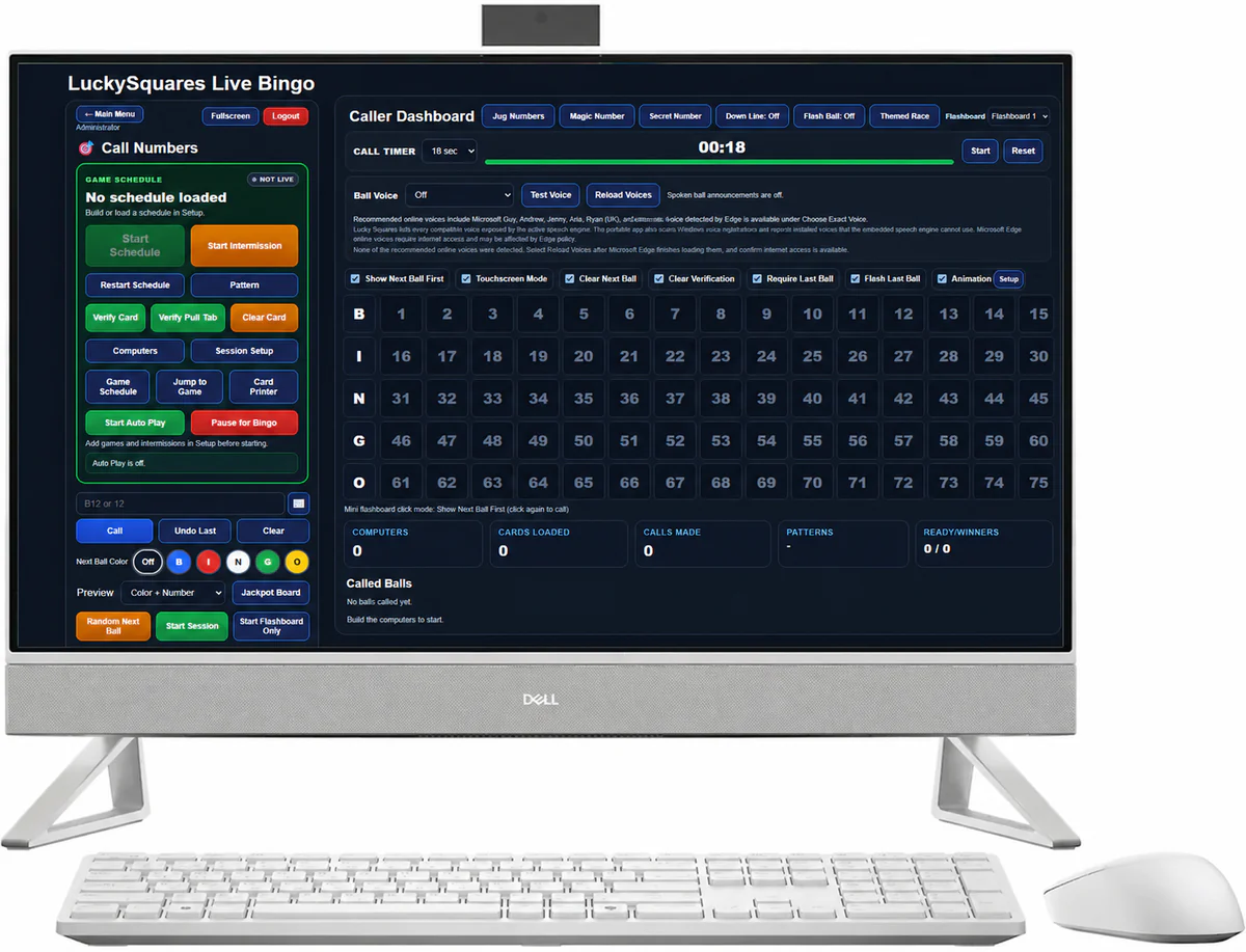 Touchscreen all-in-one computer displaying the Lucky Squares Caller Dashboard
