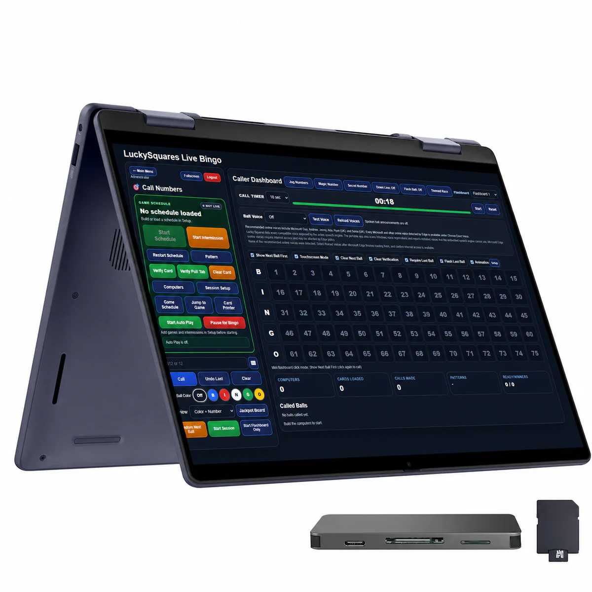 Convertible touchscreen laptop displaying the Lucky Squares Caller Dashboard