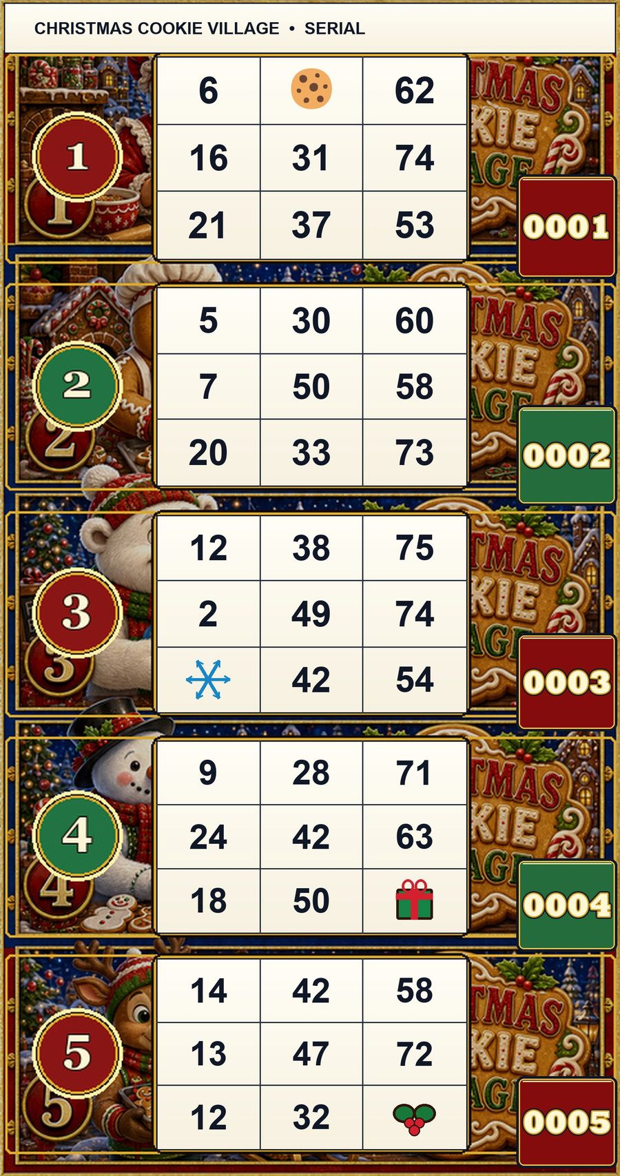 Completed Christmas Cookie Village strip back with numbers and verify boxes