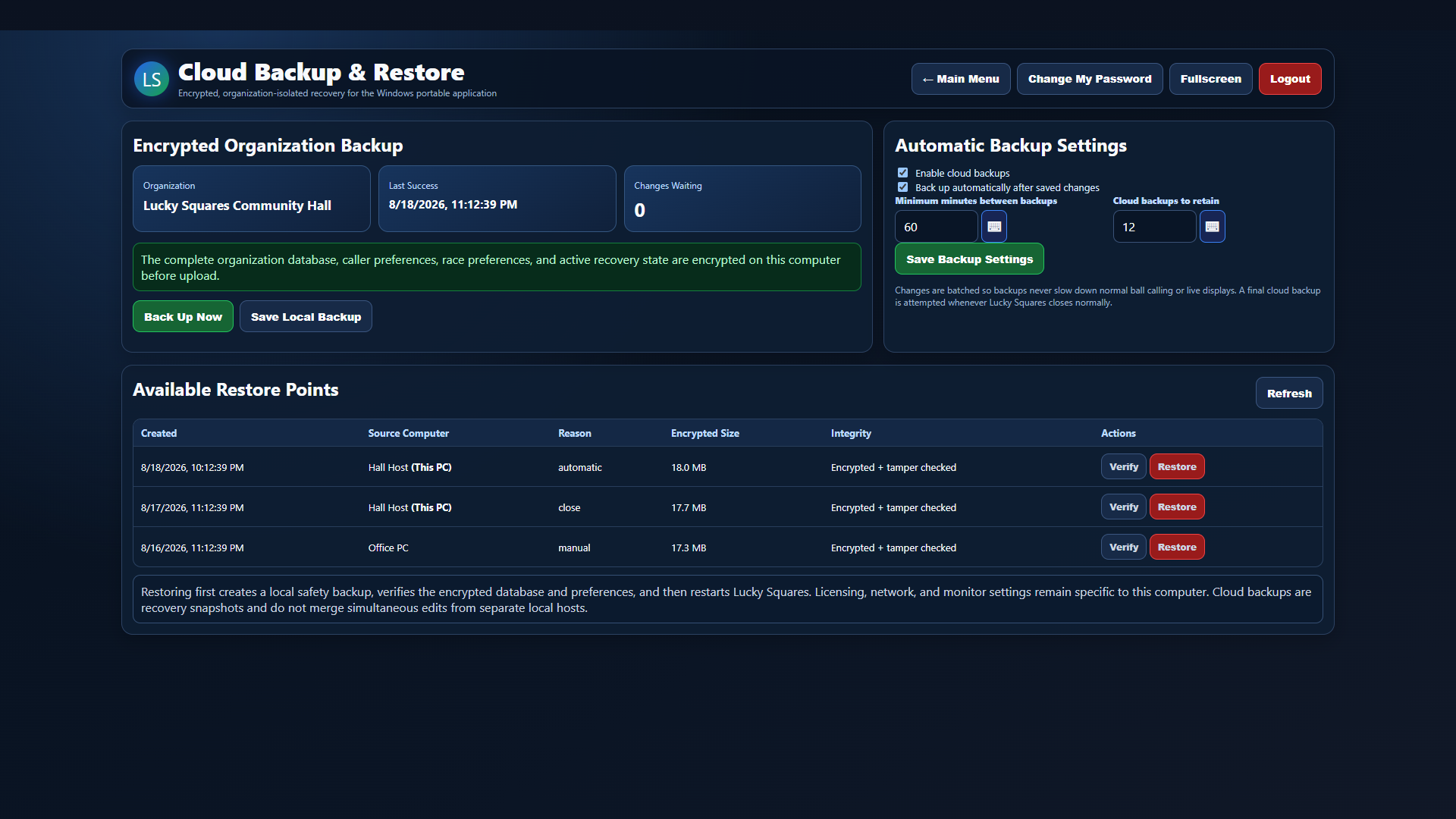 Current full-screen Lucky Squares Cloud Backup & Recovery software view