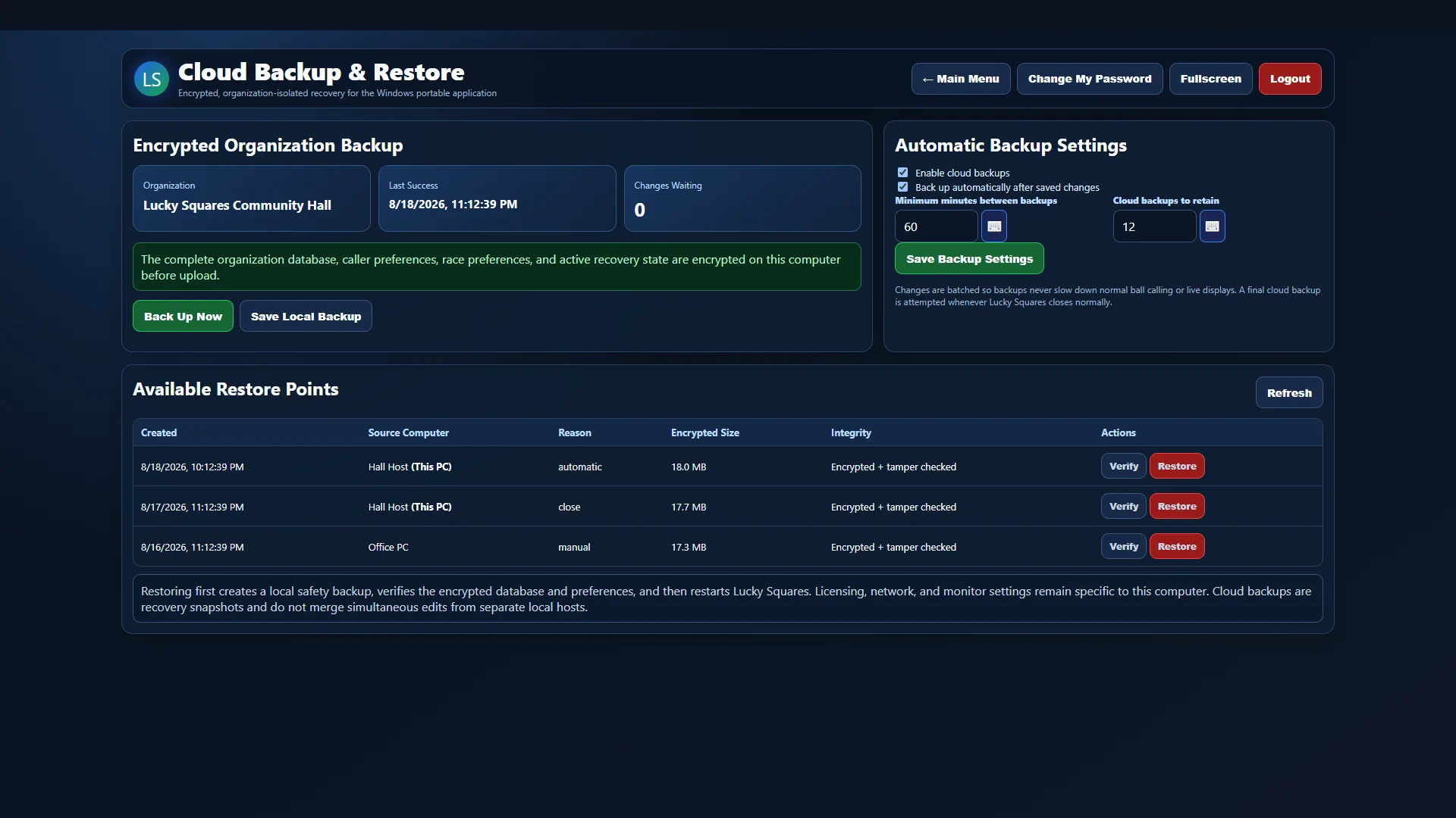 Current full-screen Lucky Squares Cloud Backup & Recovery software view