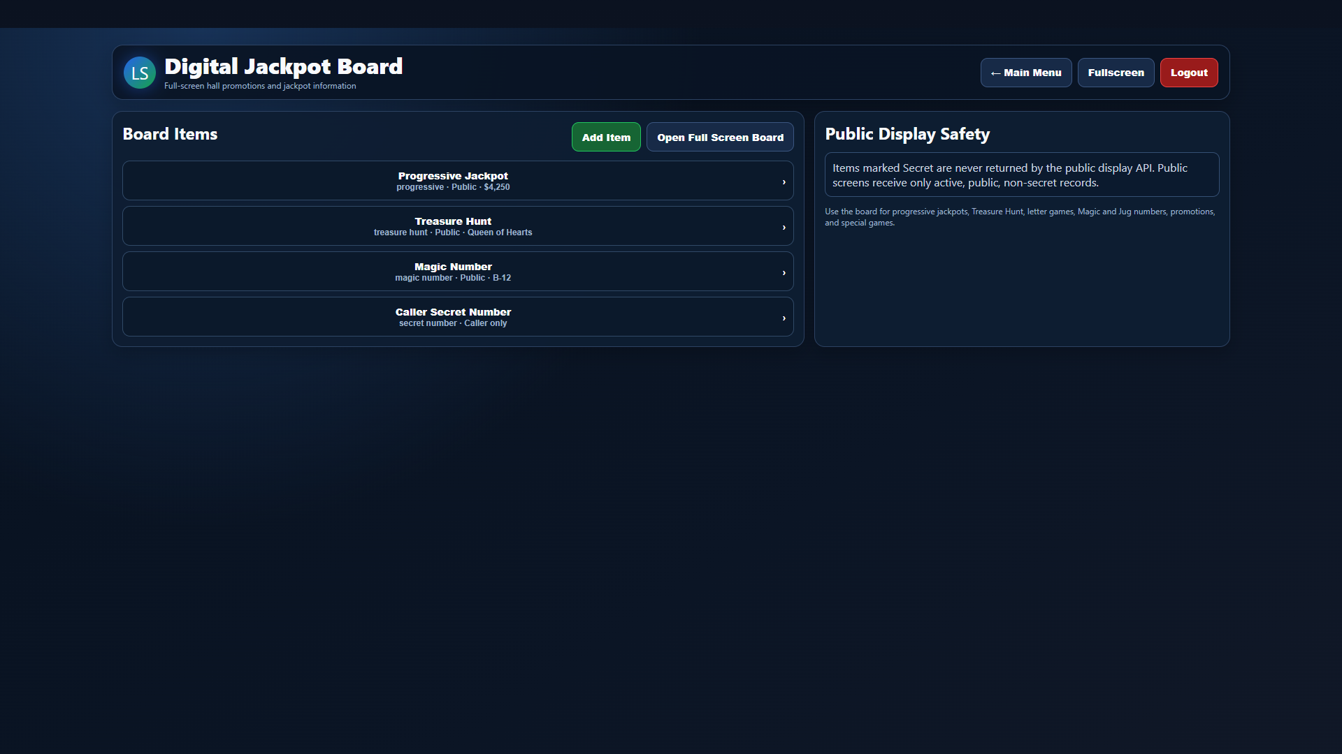 Current full-screen Lucky Squares Digital Jackpot Board software view