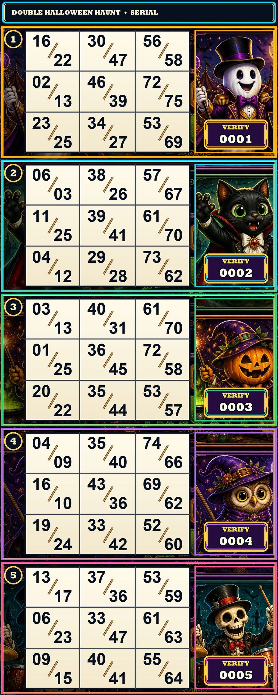 Completed Double Halloween Haunt strip back with paired numbers and verify boxes