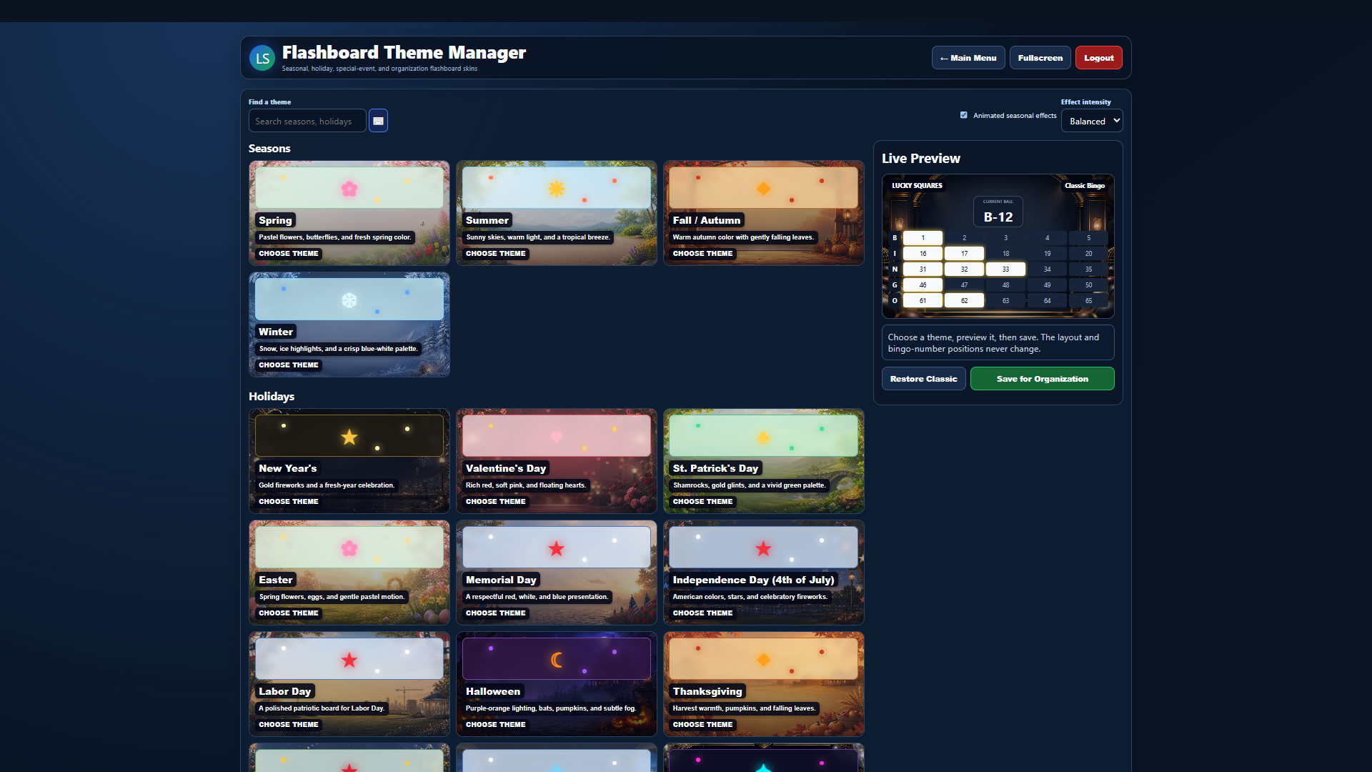 Current full-screen Lucky Squares Hall & Flashboard Customization software view