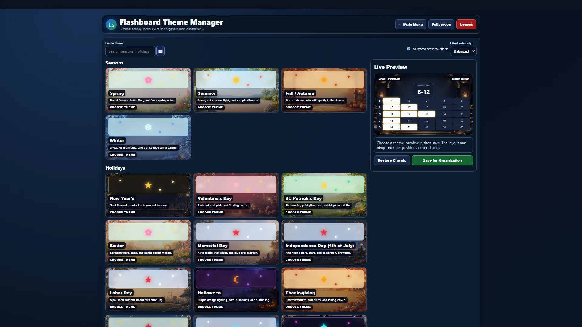 Current full-screen Lucky Squares Hall & Flashboard Customization software view
