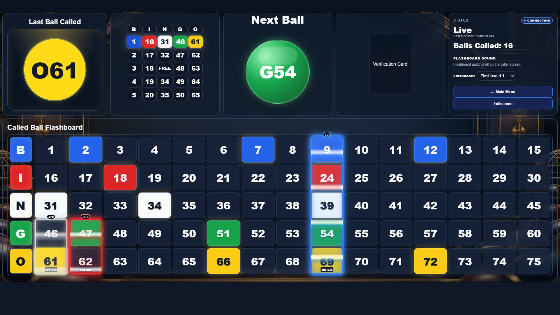 Automatic Lucky Squares flashboard demonstration showing a live ball call, current pattern, called balls, and Down-Line progress
