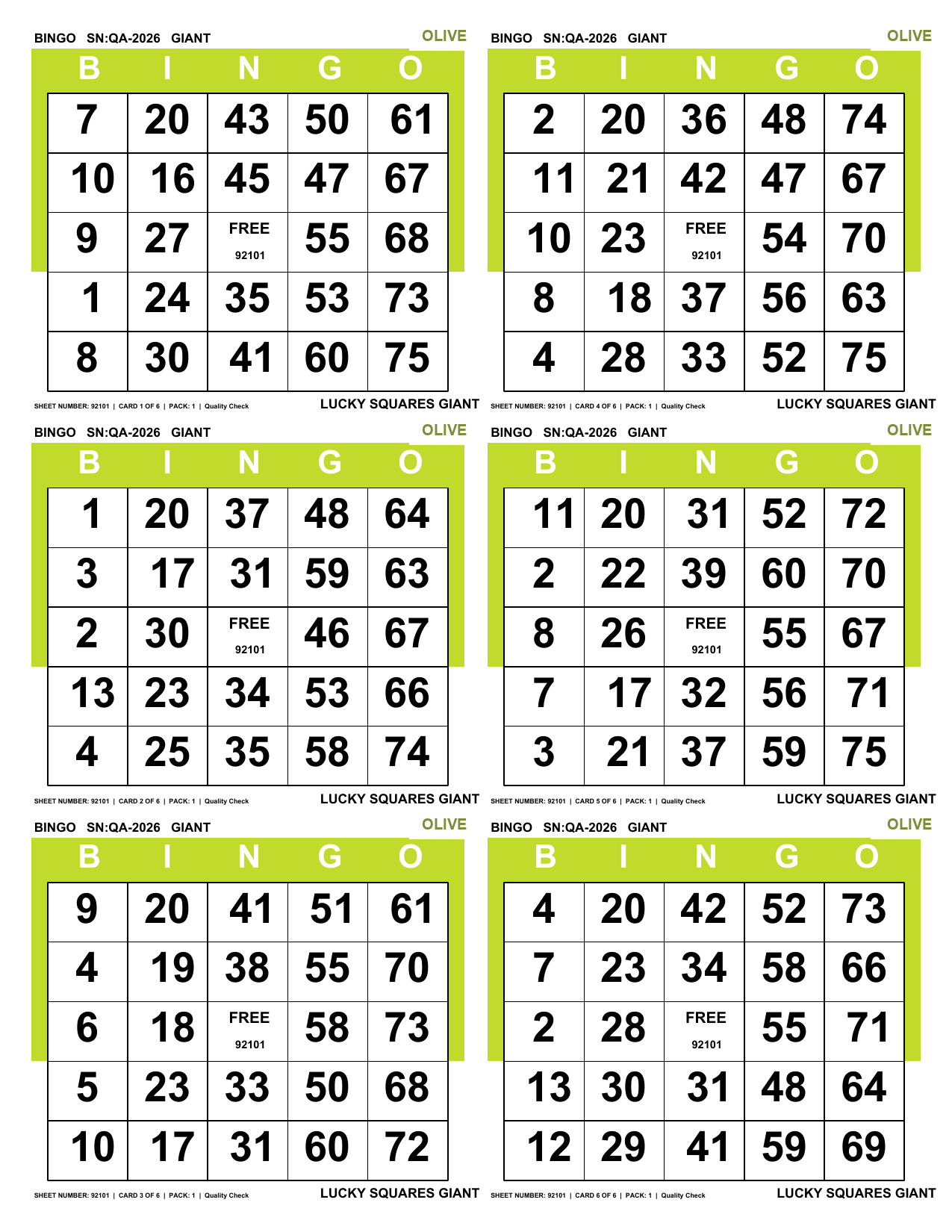 Complete real Olive Lucky Squares Giant Paper six-card linked sheet