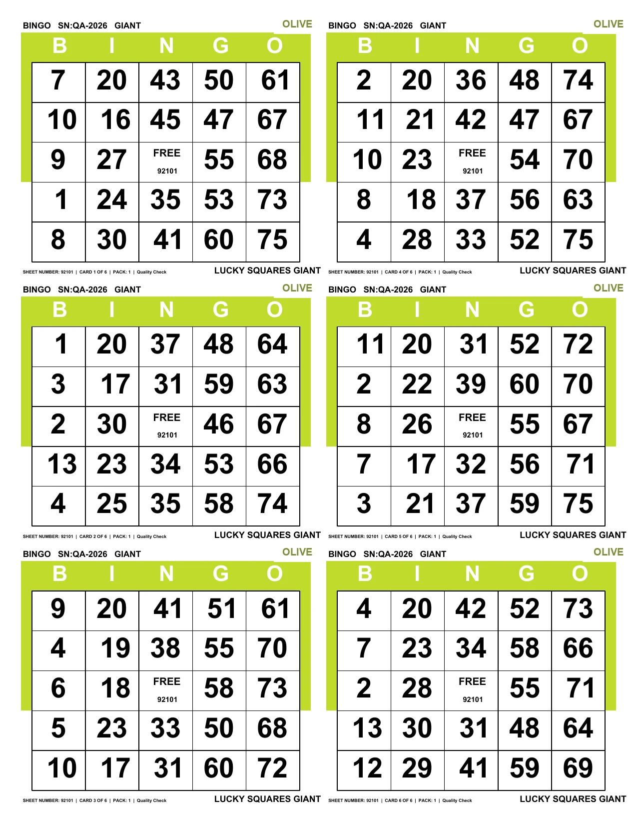 Complete real Olive Lucky Squares Giant Paper six-card linked sheet