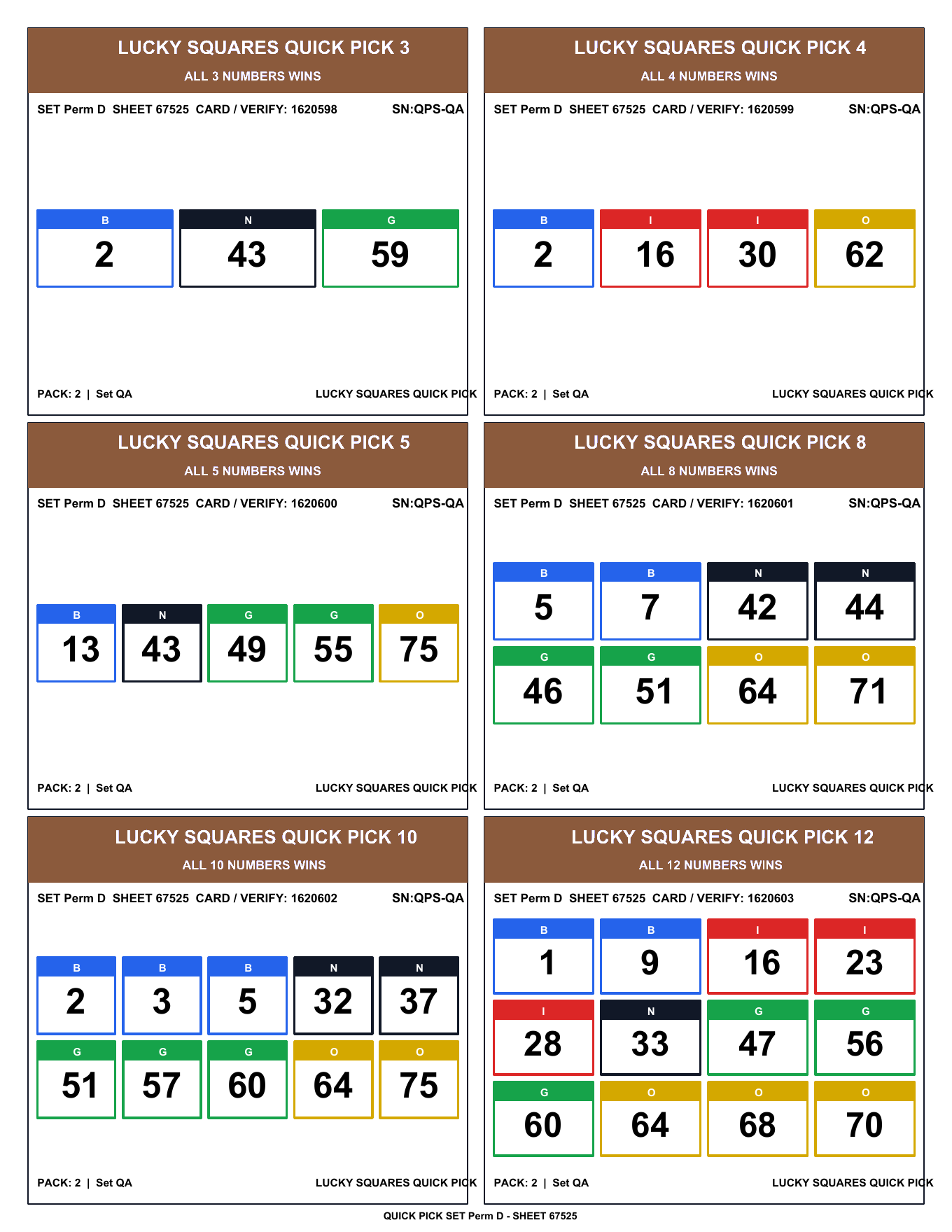 Real Brown Lucky Squares Quick Pick sheet showing all six fixed play options