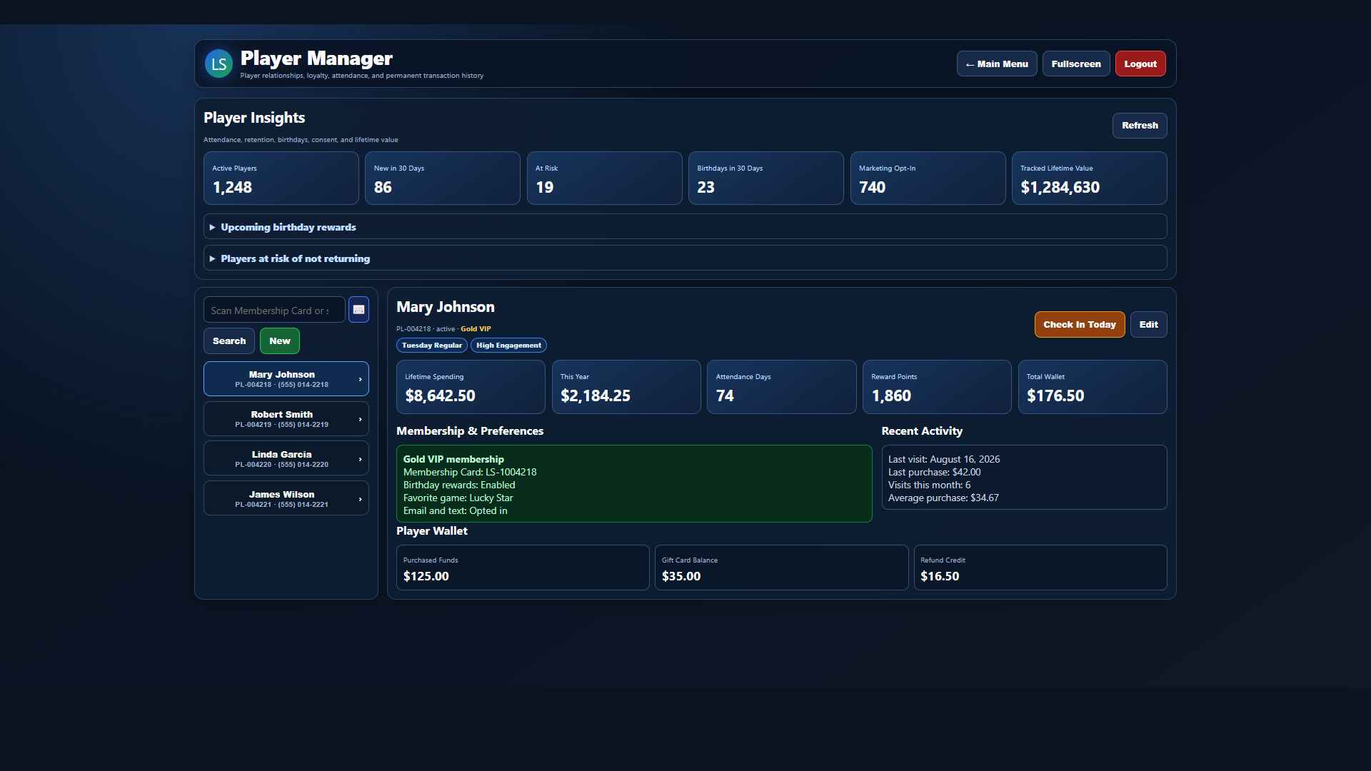 Current Lucky Squares Player Management screen with realistic player activity and account details