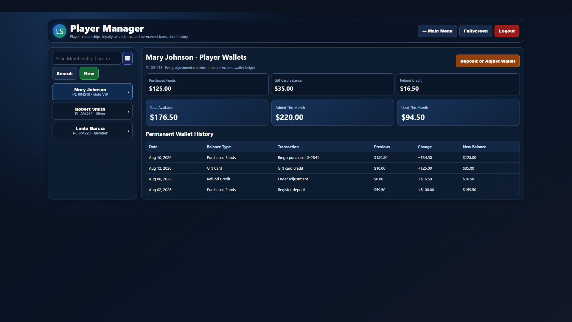 Current Lucky Squares Player Wallets screen with balances and permanent transaction history