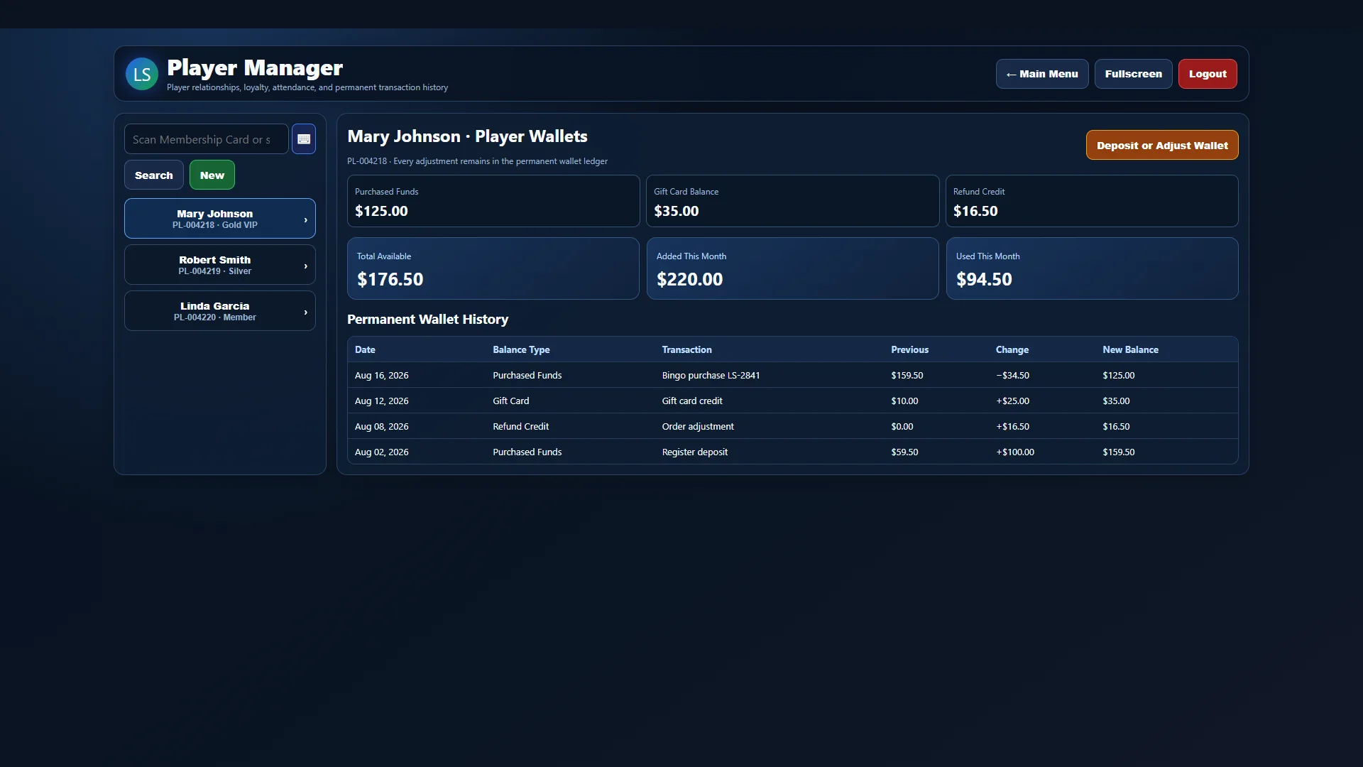 Current Lucky Squares Player Wallets screen with balances and permanent transaction history