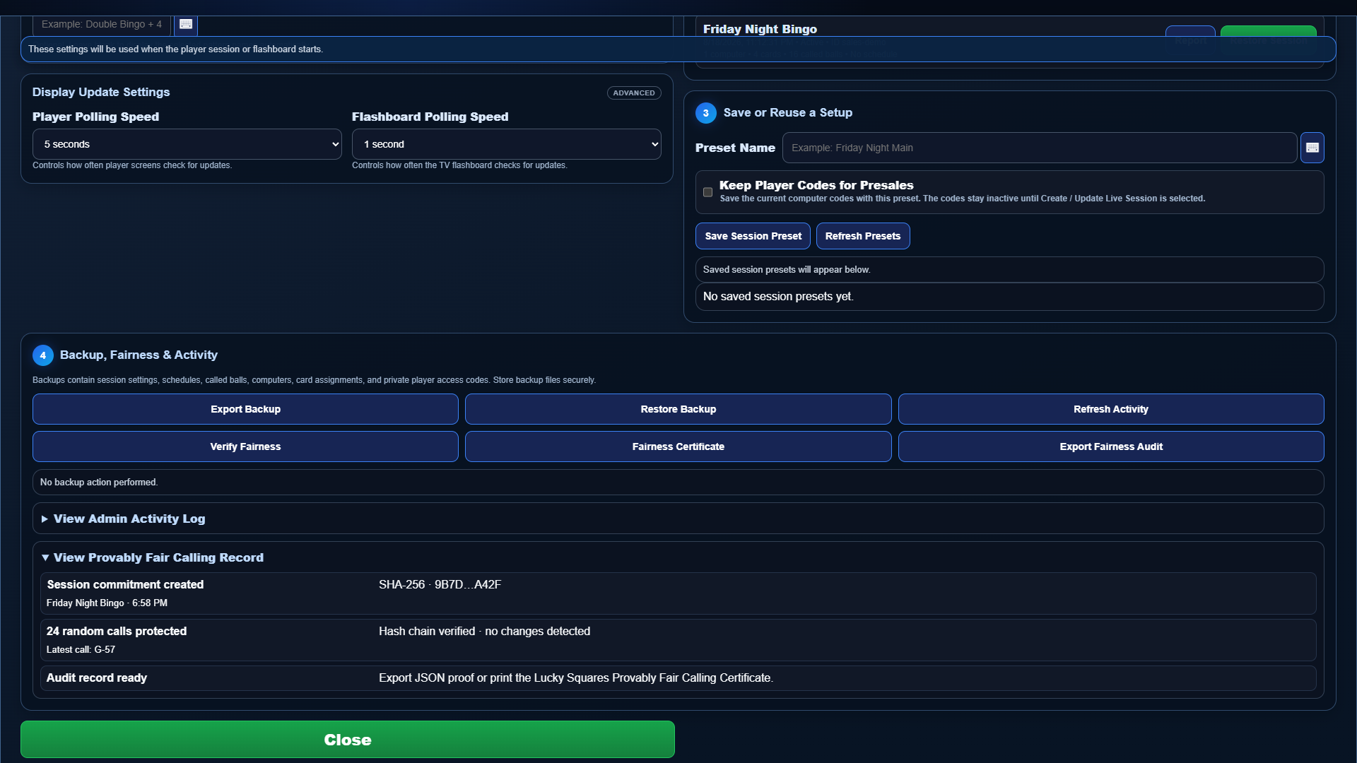 Current full-screen Lucky Squares Provably Fair Calling software view