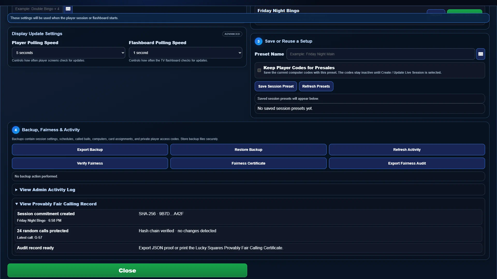 Current full-screen Lucky Squares Provably Fair Calling software view