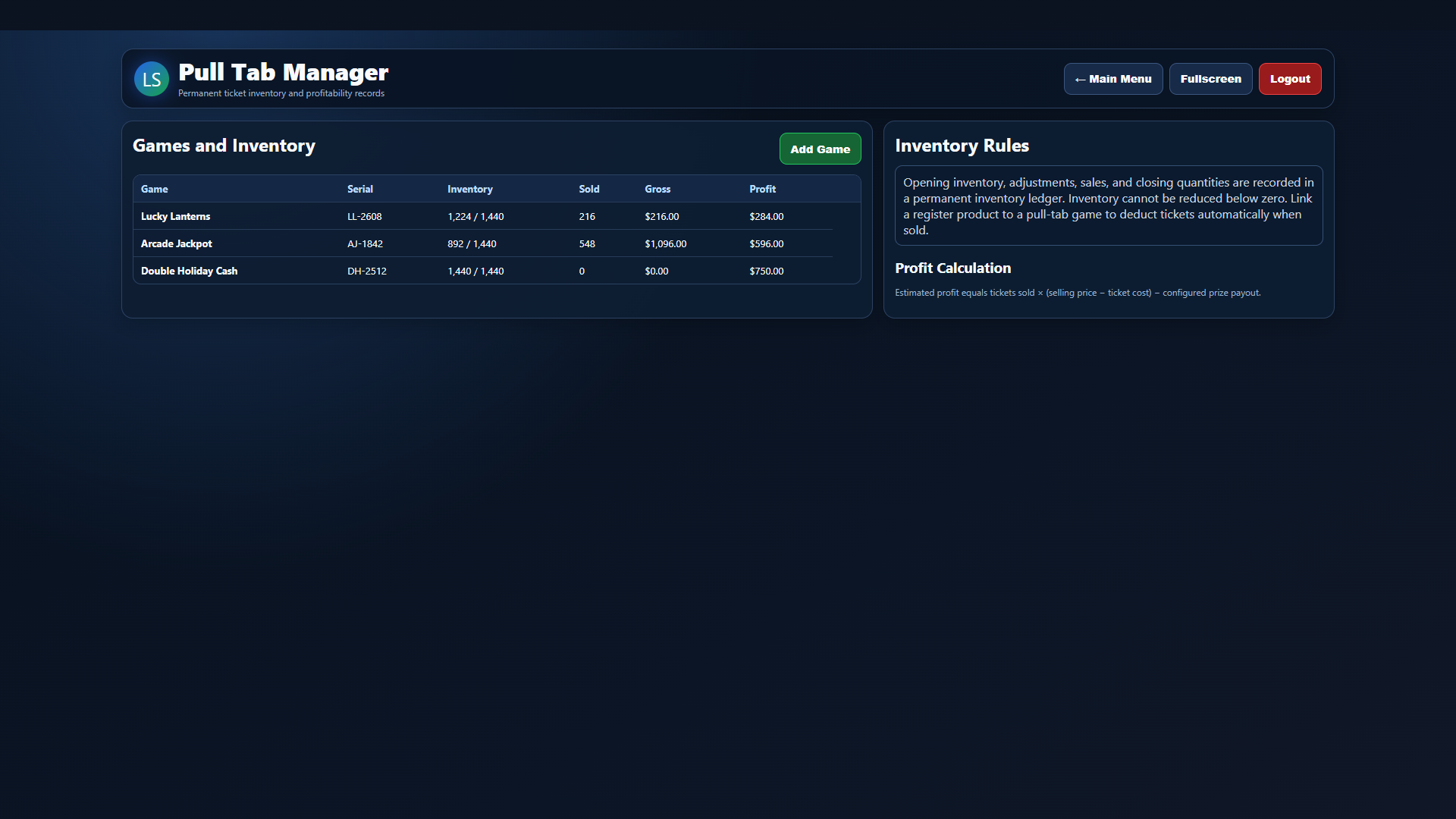 Current full-screen Lucky Squares Pull-Tab Management software view