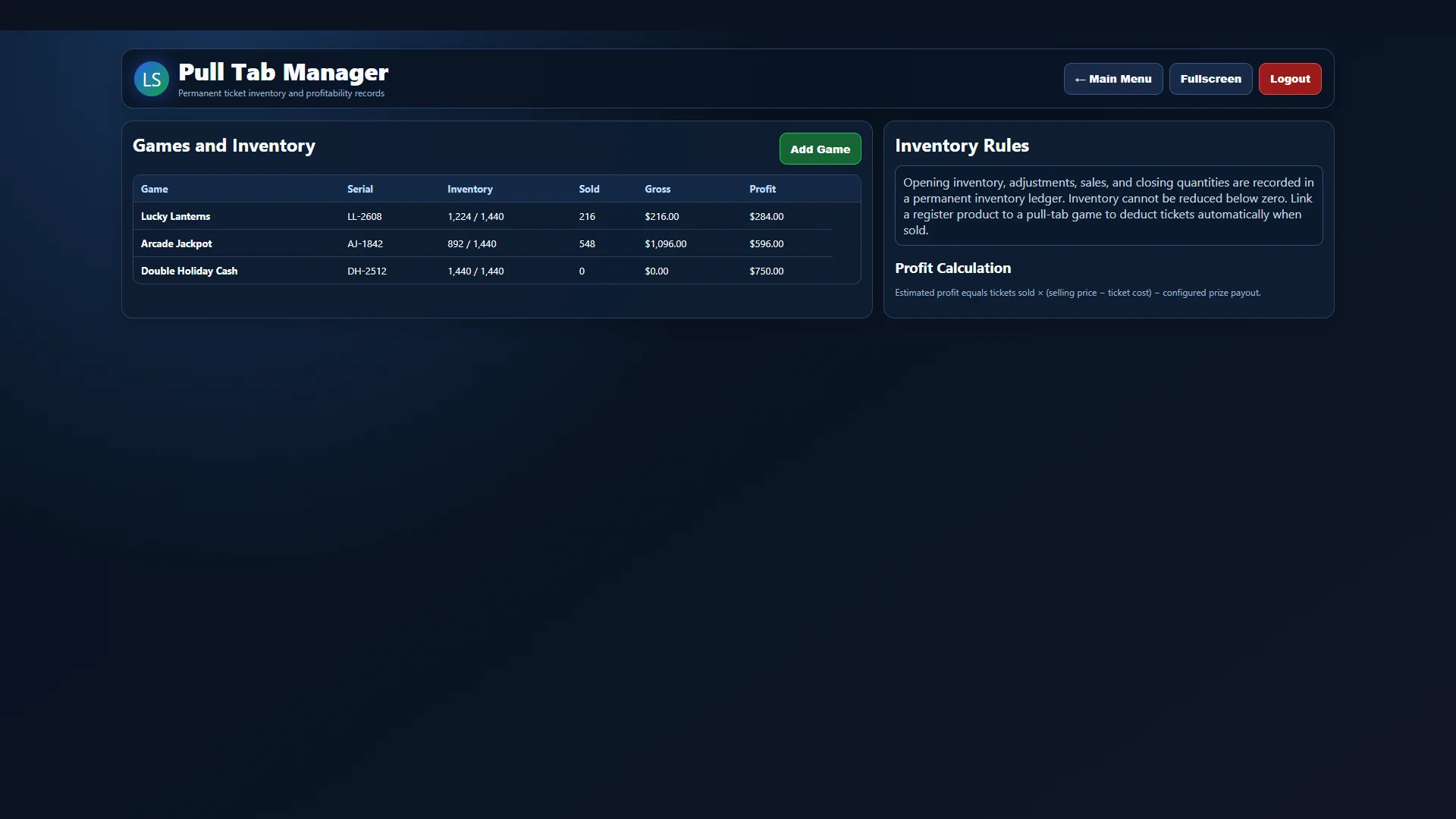 Current full-screen Lucky Squares Pull-Tab Management software view