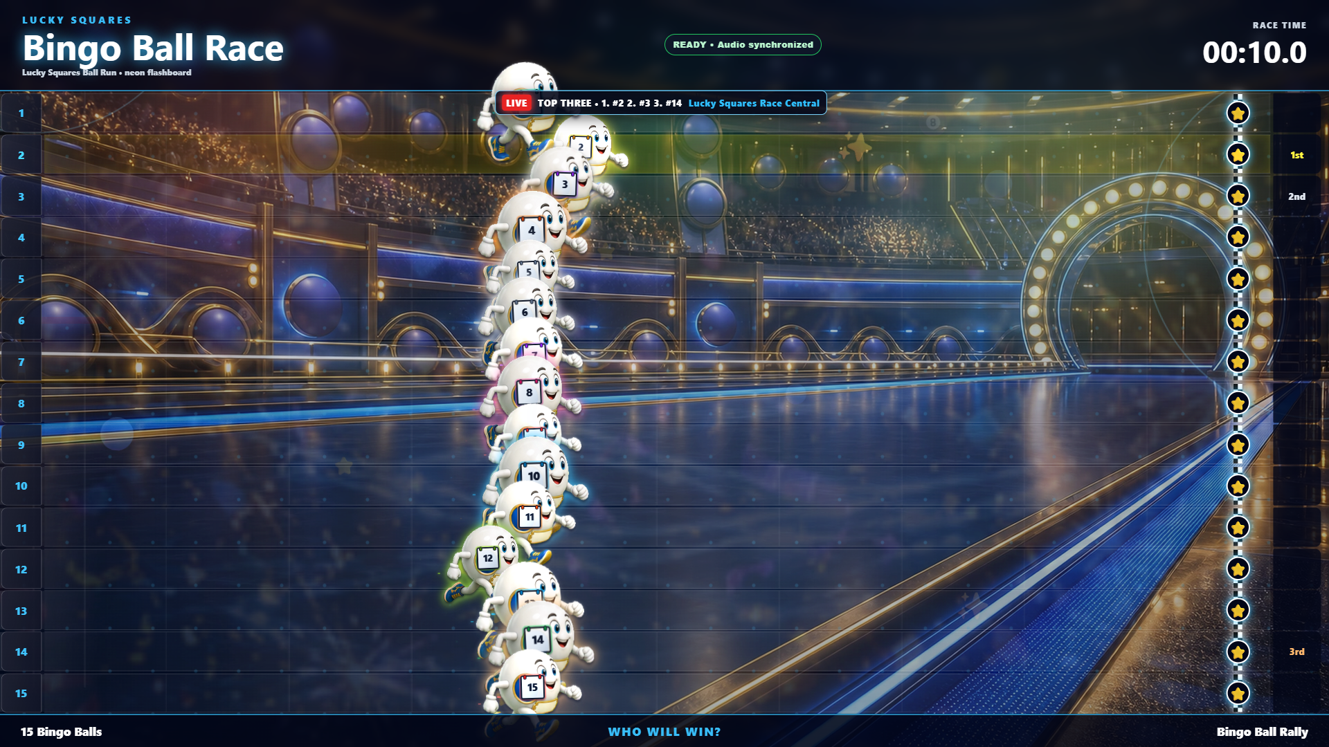 Automatic full-screen Bingo Ball Rally race in Lucky Squares