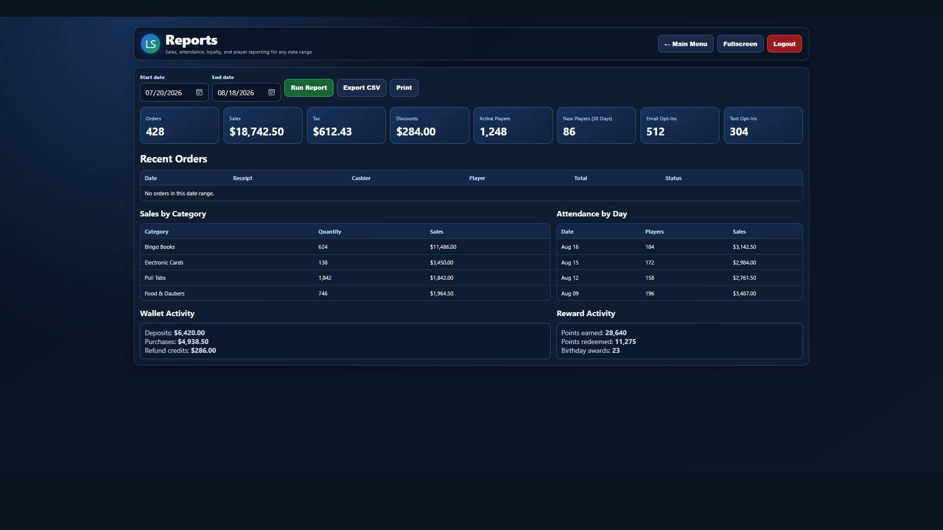 Current Lucky Squares Reports screen with example sales, attendance, wallet, and rewards data