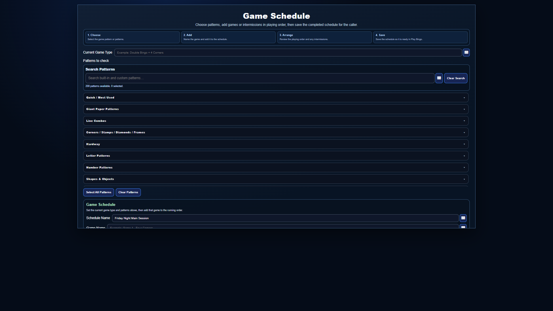 Current full-screen Lucky Squares Session Manager & Game Scheduler software view