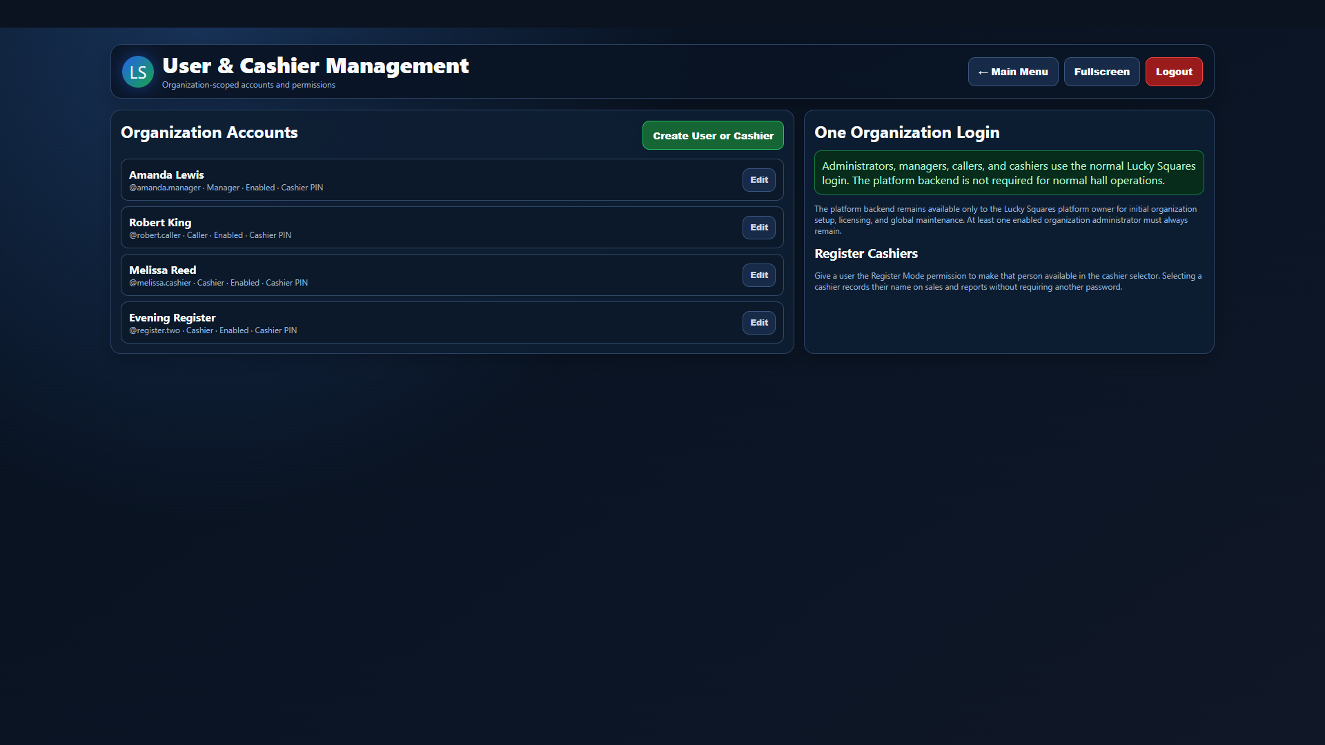 Current full-screen Lucky Squares Staff Accounts & Permissions software view