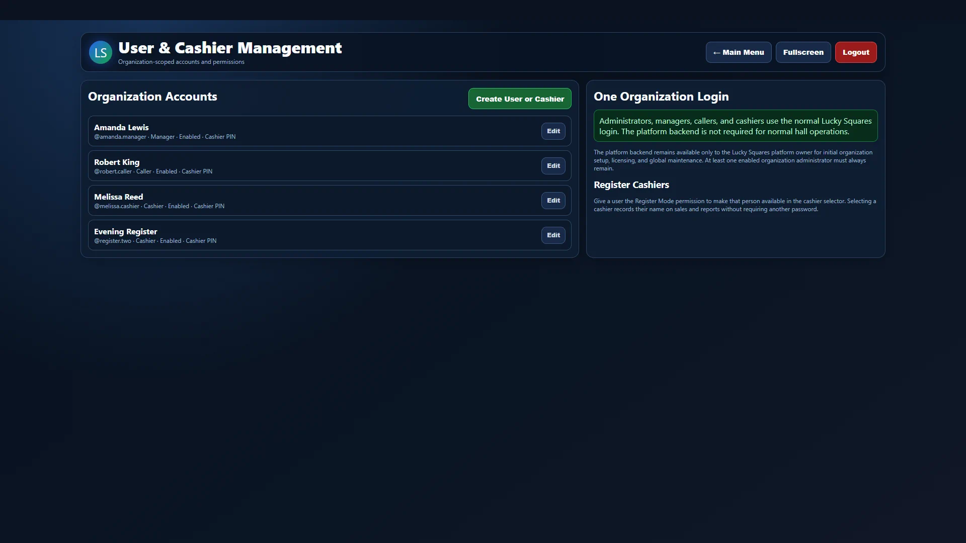 Current full-screen Lucky Squares Staff Accounts & Permissions software view