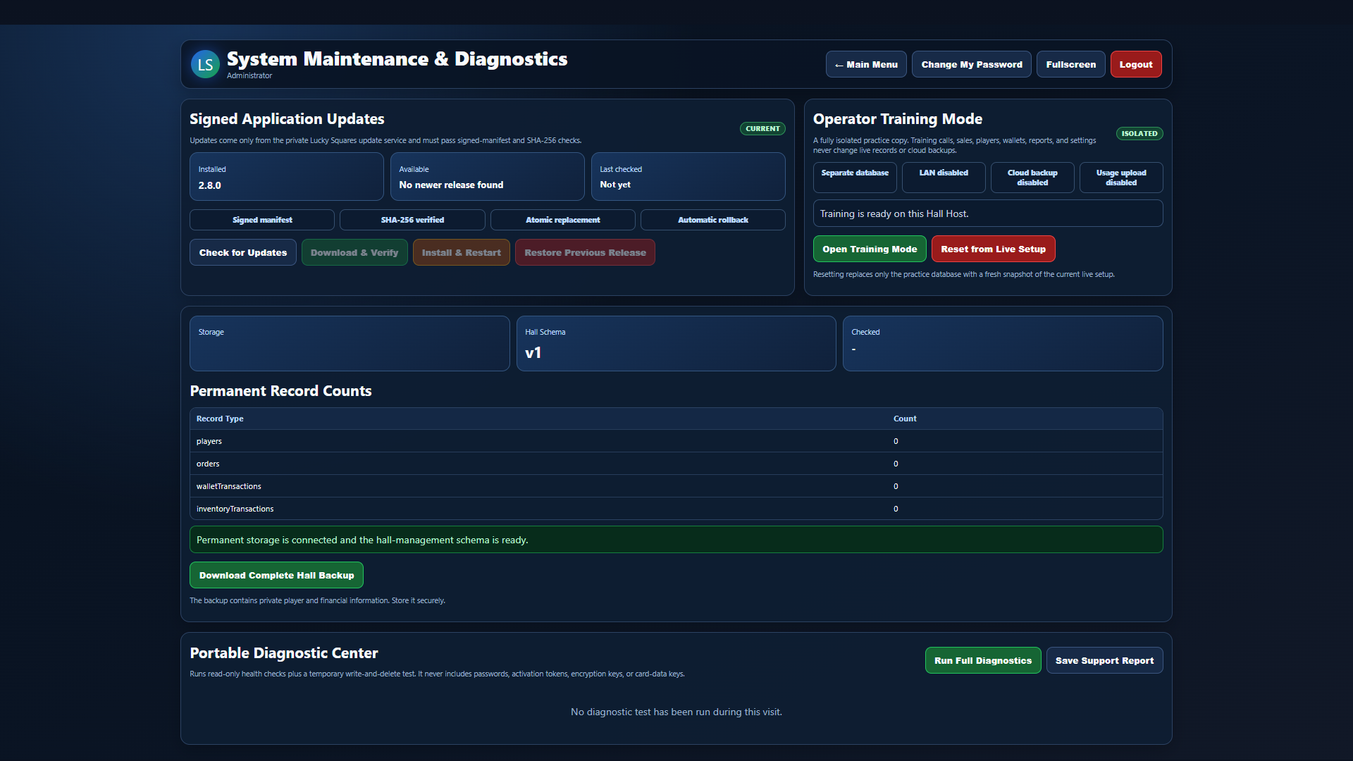 Current full-screen Lucky Squares Support & Maintenance software view