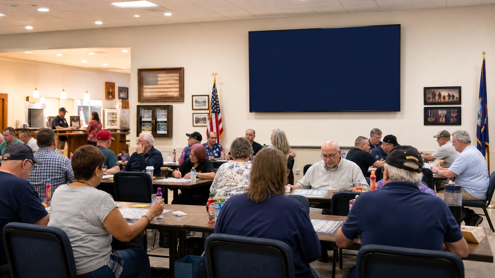 American Legion post bingo night with Lucky Squares card verification results on the television