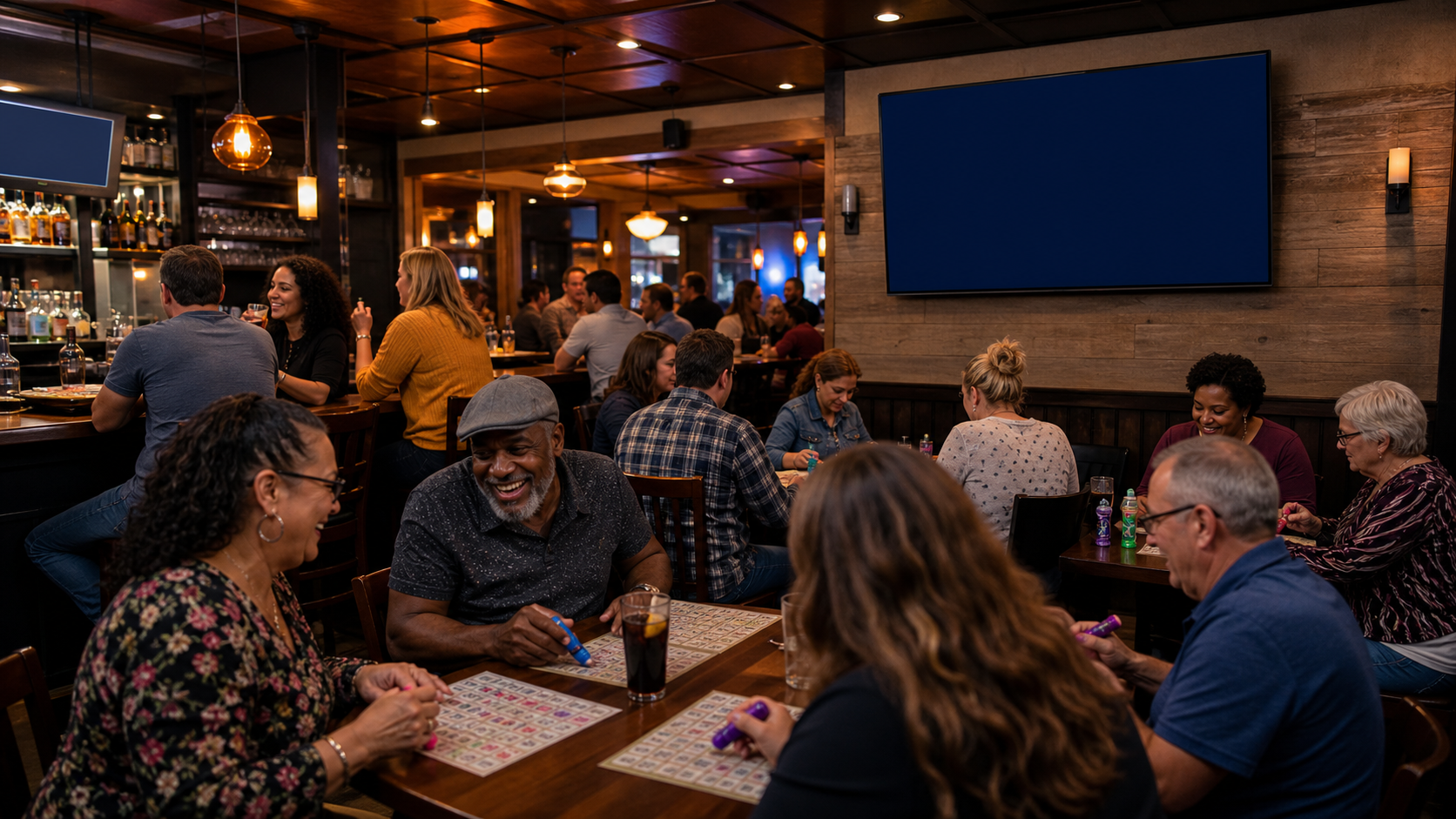 Neighborhood bar bingo night with a live Lucky Squares ball-calling flashboard on the television