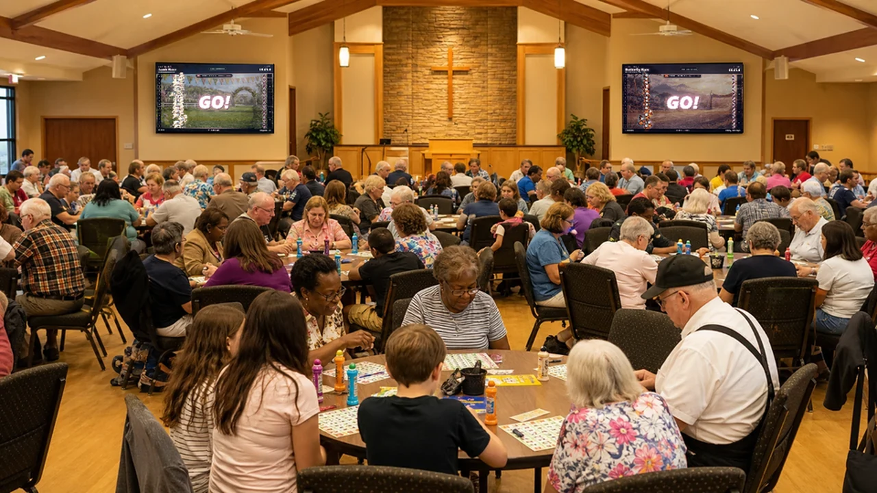 Packed church fellowship-hall bingo fundraiser with two different real Lucky Squares themed races on separate televisions