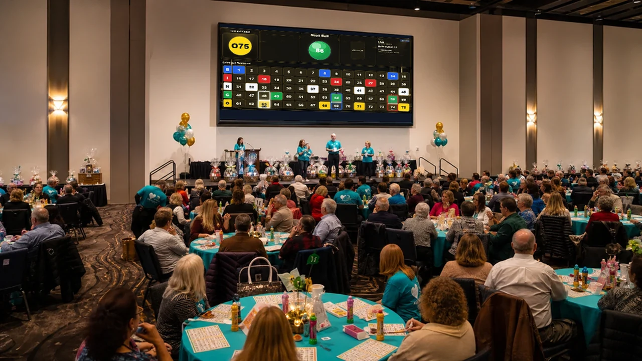 Community nonprofit bingo benefit with a real black-and-gold Lucky Squares number flashboard showing an active game
