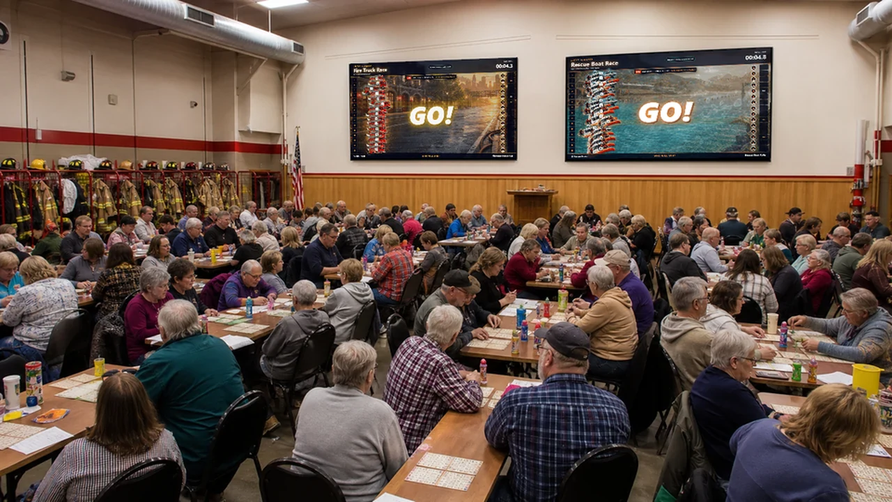 Packed volunteer fire department bingo fundraiser with two different real Lucky Squares themed races on separate televisions
