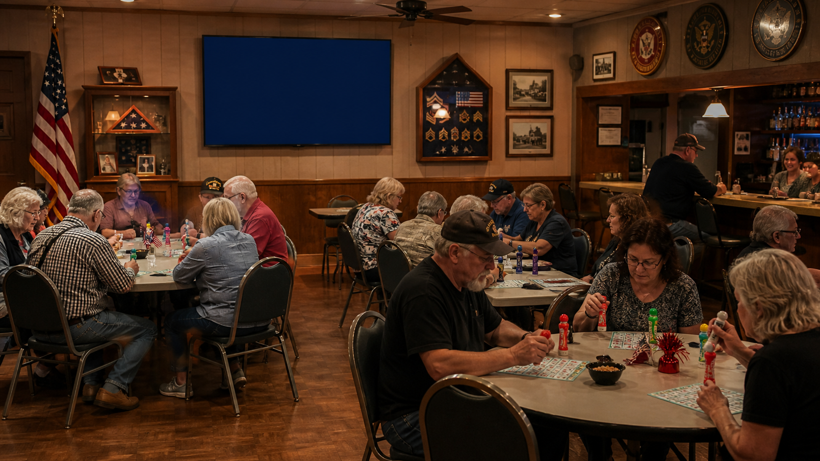 VFW post bingo night with a Lucky Squares Down-Line themed race on the television